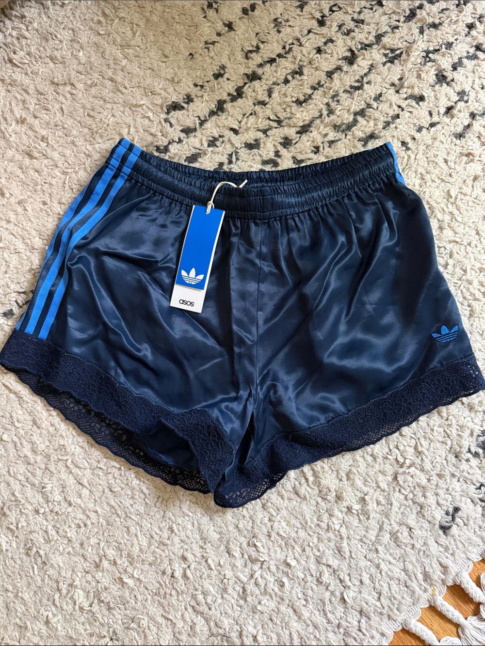 adidas Navy Satin Athletic Shorts with Blue Stripes